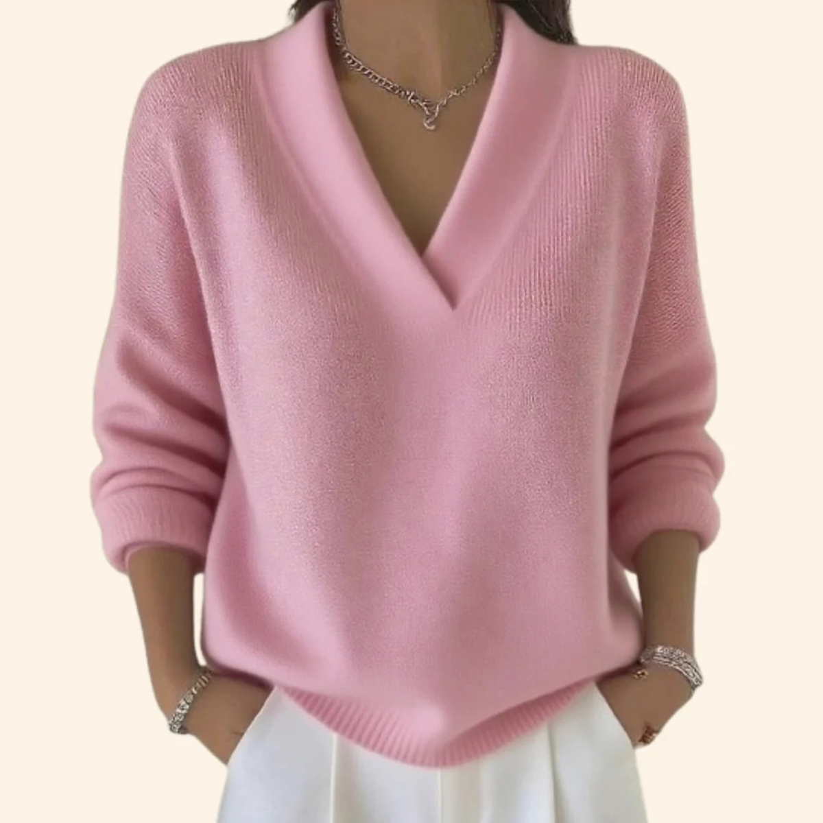 V-Neck Sweater for Women with Dropped Shoulder