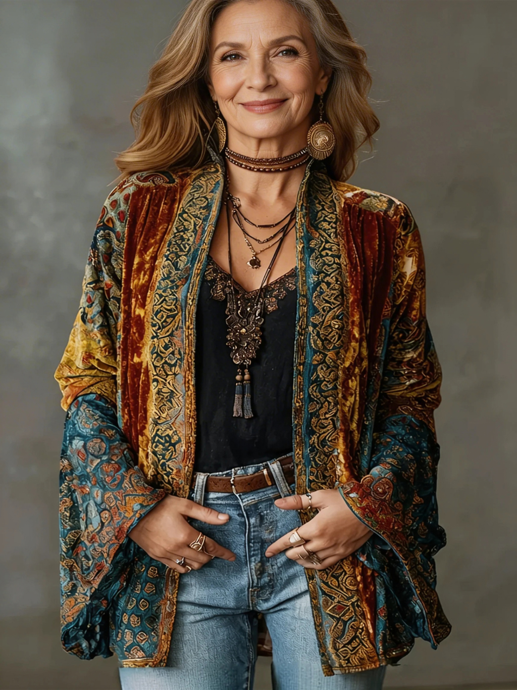 Velvet Boho Kimono Jacket for Women with Wide Sleeves