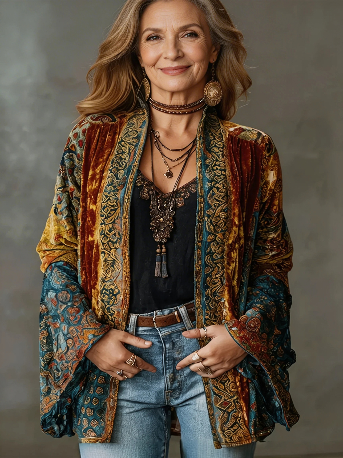 Velvet Boho Kimono Jacket for Women with Wide Sleeves