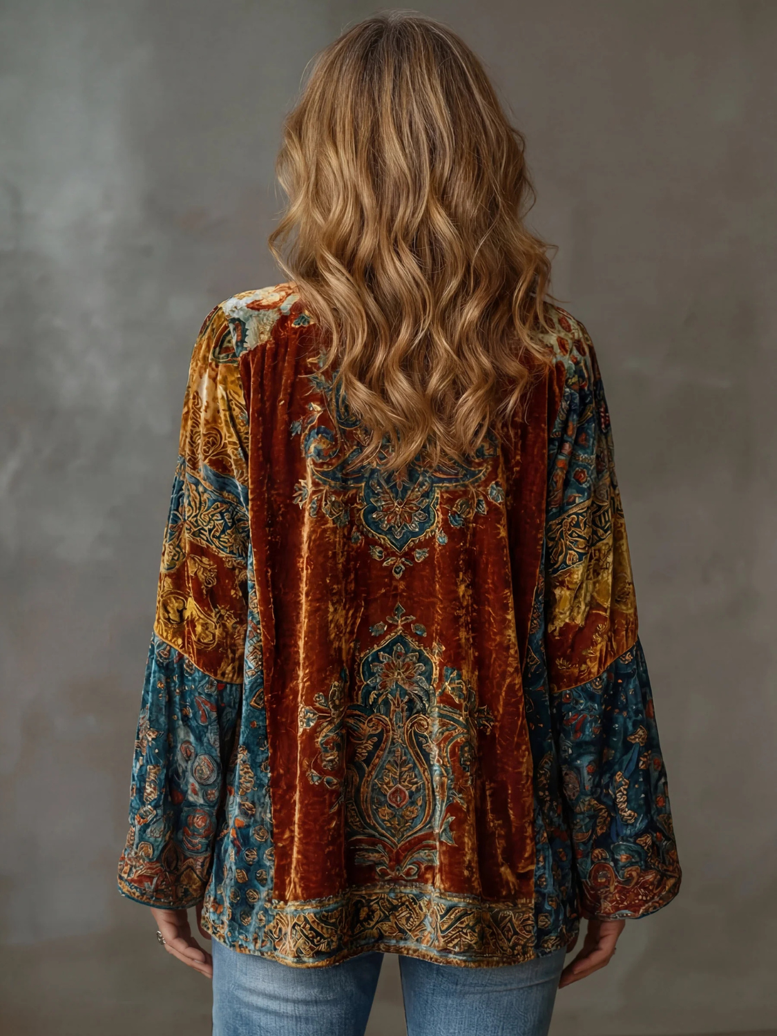 Velvet Boho Kimono Jacket for Women with Wide Sleeves